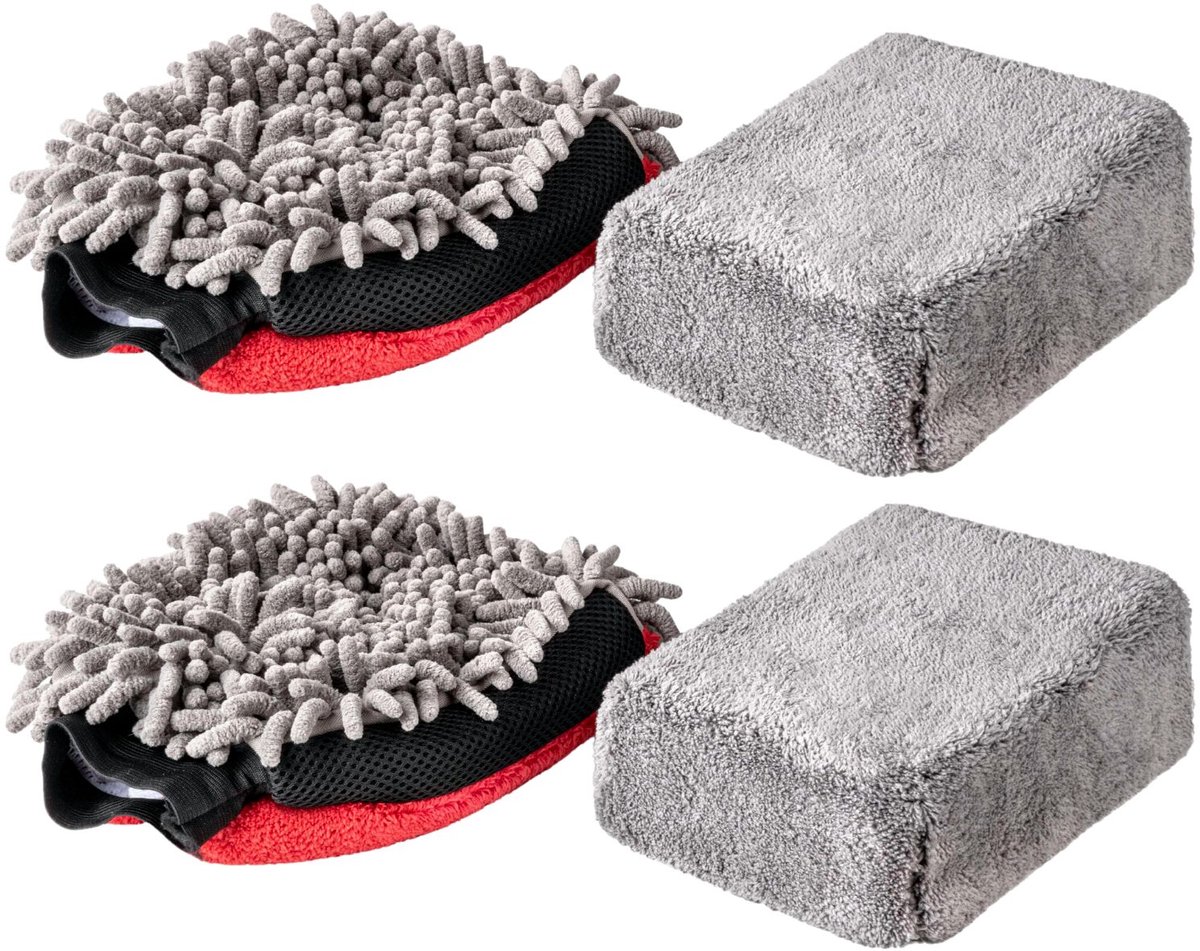 Set 2x washandschoen + 2x spons microvezel zacht auto wasspons handschoen