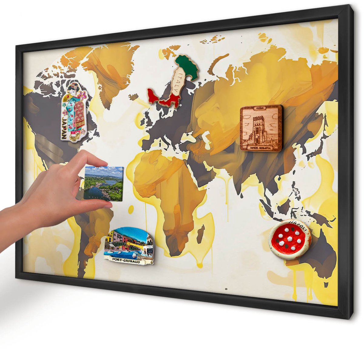 Artprintcave Geel Magneetbord mit Zwart Frame - 60x40 cm - Wereldkaart Magnetisch Bord - Abstract Memobord Keuken - Kaarten