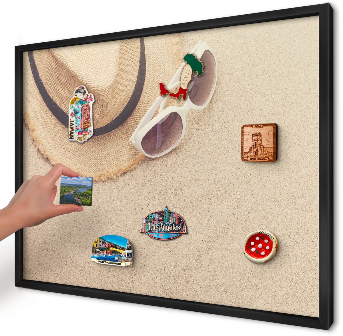 Artprintcave Beige Magneetbord mit Zwart Frame - 70x50 cm - Zomerstrand Memobord Keuken - Fotografisch Magneet Bord mit Frame - Reis