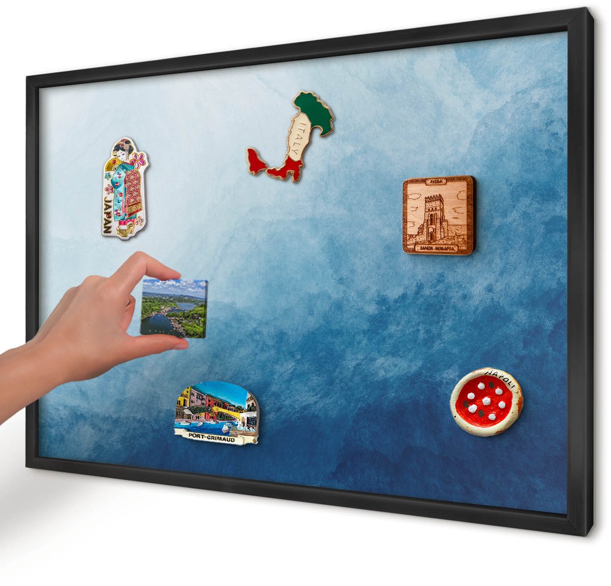Artprintcave Blauw Magneetbord mit Zwart Frame - 60x40 cm - Blauwe Abstracties Memobord Keuken - Abstract Wandbord Magnetisch - Abstractie