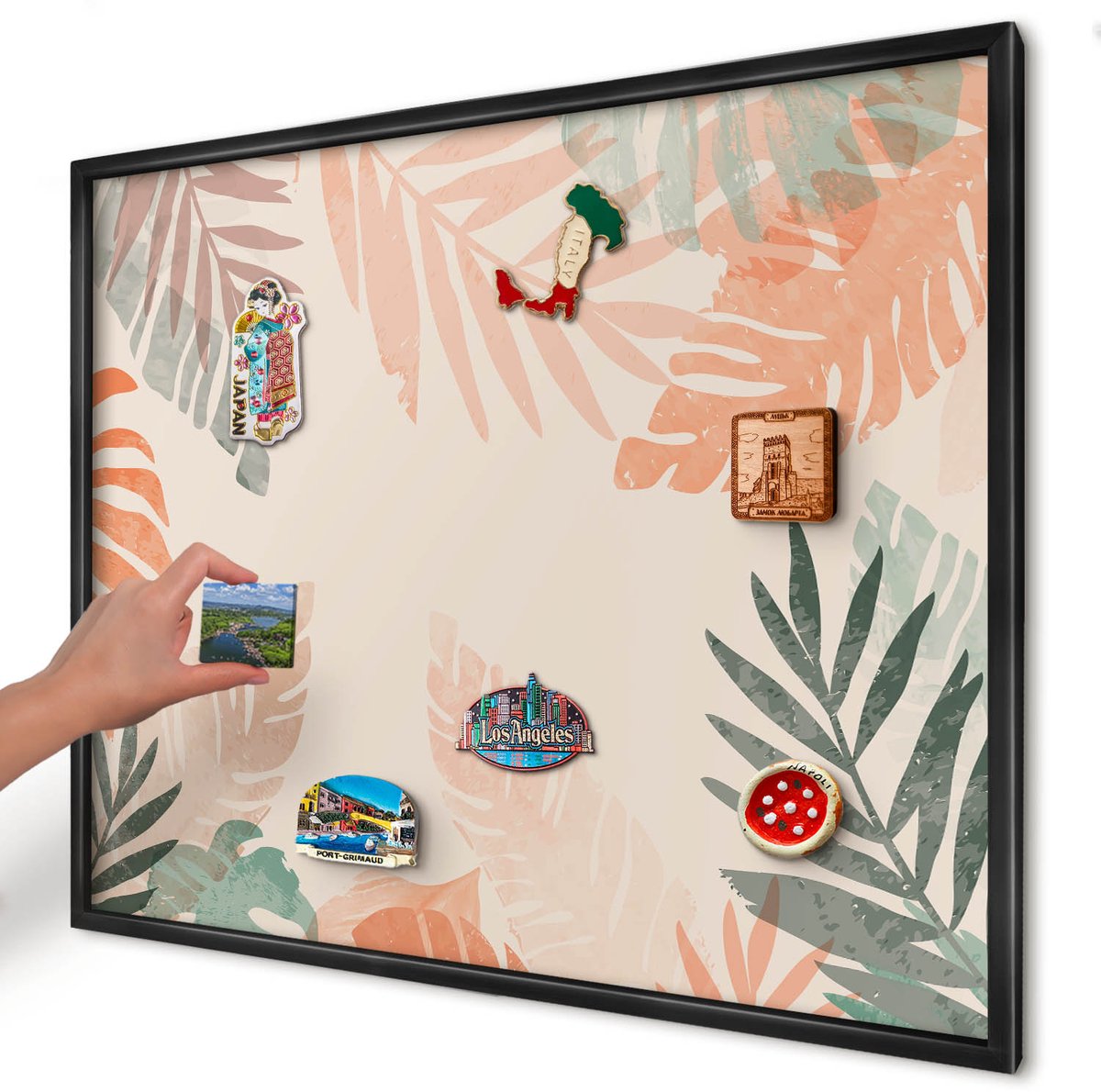 Artprintcave Beige Magneetbord mit Zwart Frame - 80x60 cm - Tropische Bladeren Bord Voor Magneten - Modern Magneetbord Voor Keuken - Bloemen En Planten