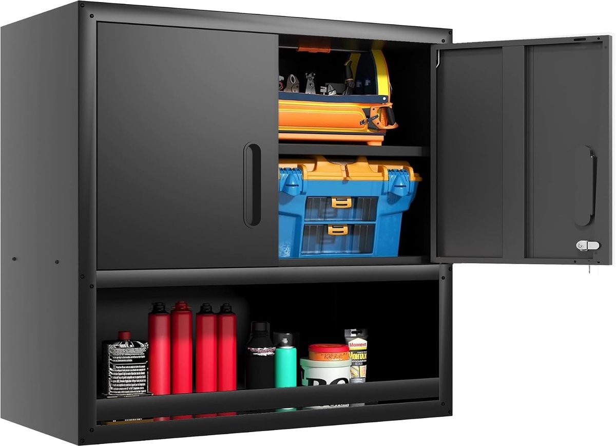 Garagewandkast met deuren en planken, metalen wandkast met open opbergruimte, hang-gereedschapskast voor garage en bijkeuken, zwart