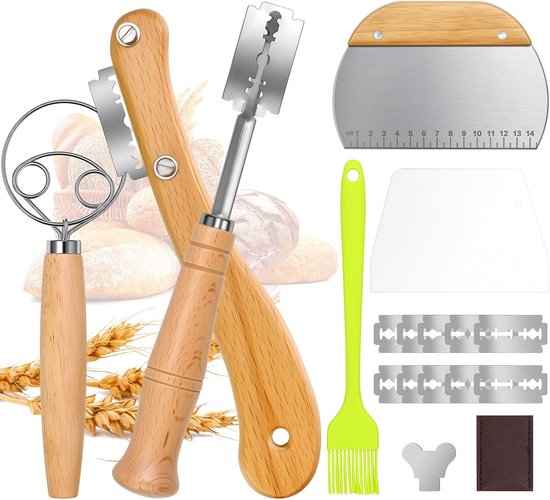 Foto: 6 delig incl deegmes deense garde 10 reservemessen lederen beschermhoes 2 deegschrapers bakkwast brood bakaccessoires voor het snijden van brood voor hobbybakkers