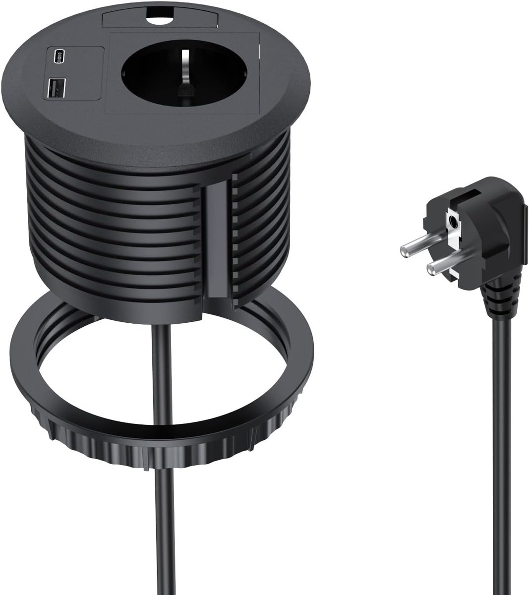 Inbouwstopcontact met USB, inschuifbaar stopcontact met 1 USB-A, 1 USB-C voor werkblad keuken, 2 m kabel Ø 80 mm, zwart
