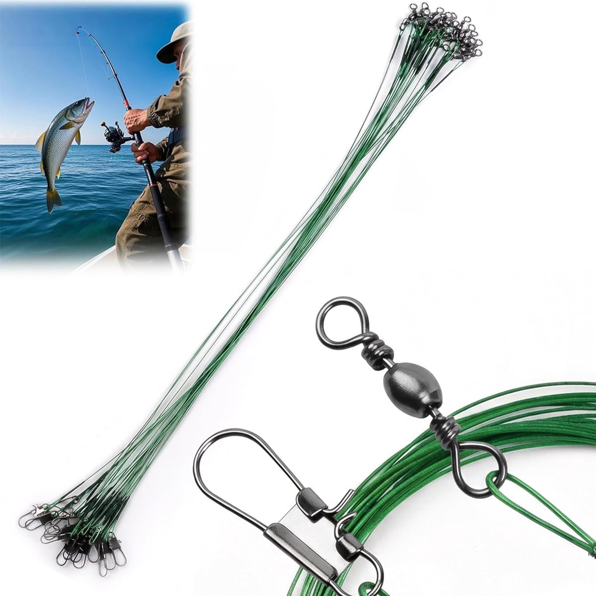 Haken met onderlijn (50 lbs test), pak van 20 zware anti-bijt draden