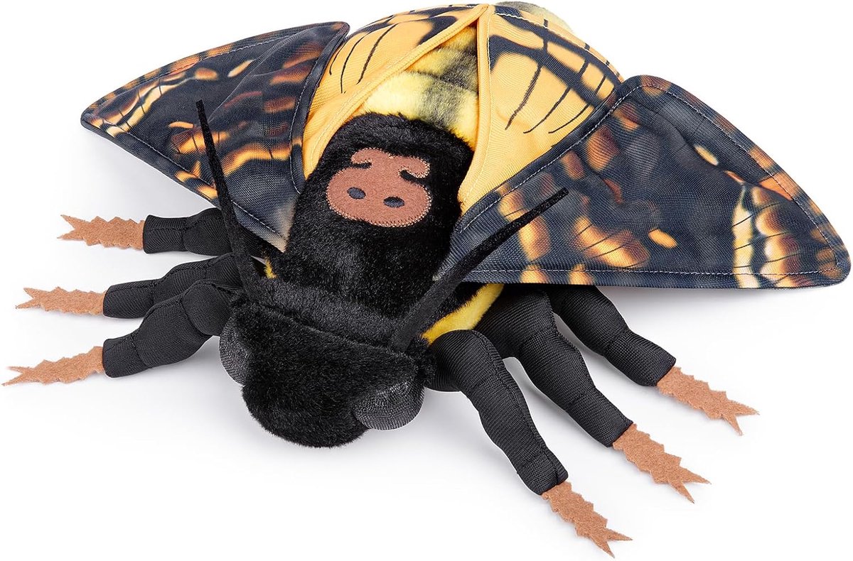 lilizzhoumax Simulatie Geestengezicht-Motte Pluisdier 27 cm Zacht realistisch Motte Stofpop voor Kinderen Insectenliefhebbers Jongens en Meisjes Geschenken Huisdecoratie Zwart Geel