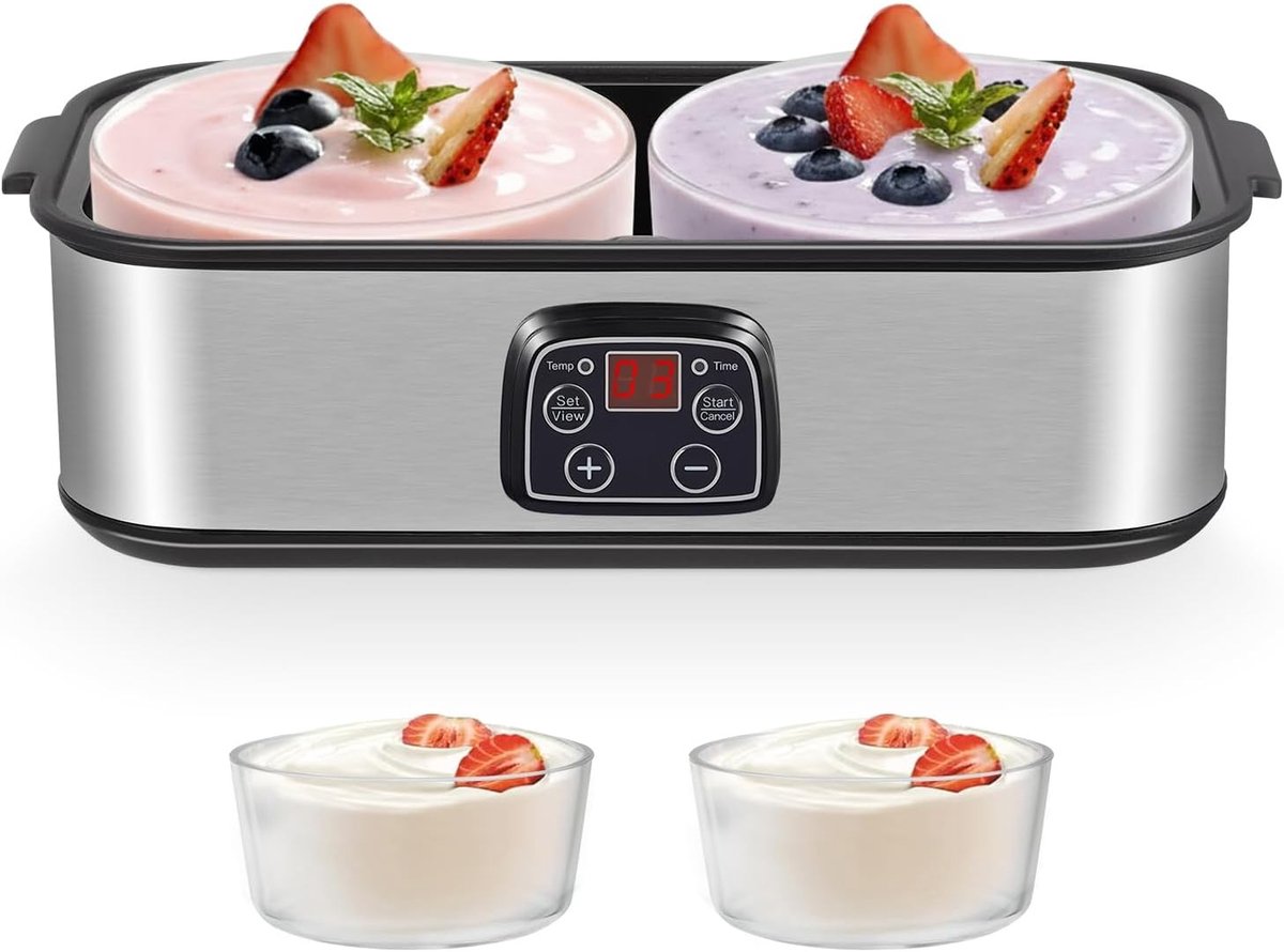 Yoghurtmaker met LED-display en 2 glazen containers van 1000 ml instelbare temperatuur en timer voor gezonde yoghurt kaas en natto