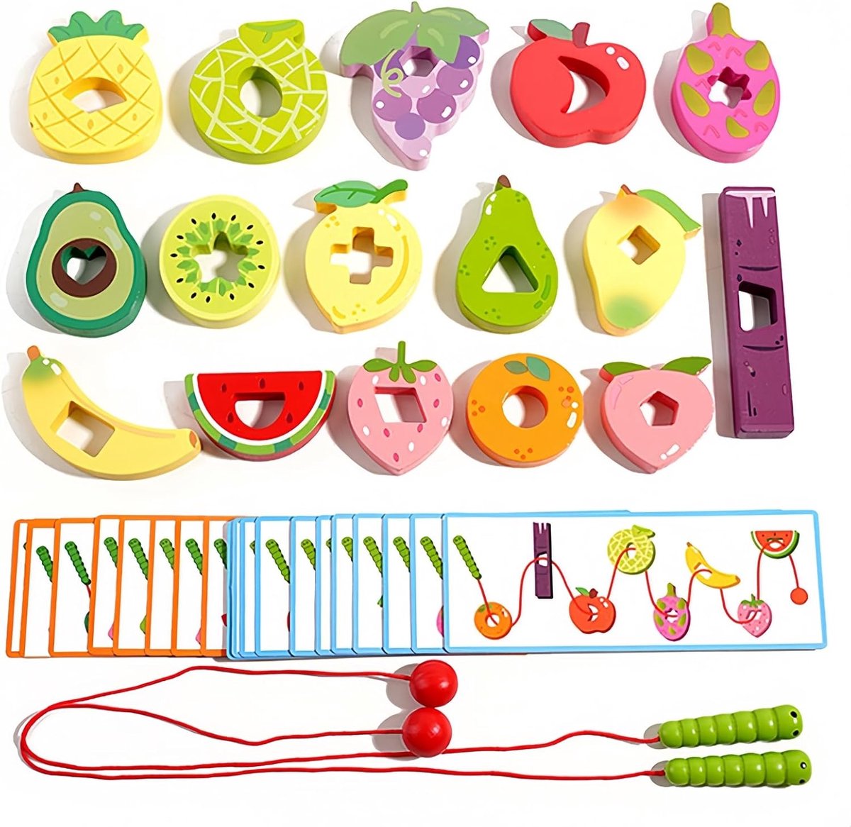 Houten rijgspel, rups vanaf 3 tot 5 jaar, bevordering van de fijne motoriek, fruit, kleuren en vormen leren, educatief speelgoed voor peuters, jongens en meisjes, cadeau