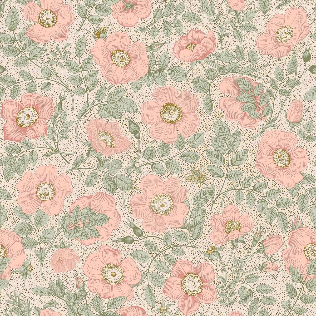 Behang, bloemen, vintage, roze, klaprozen, 44,5 cm x 300 cm, boho