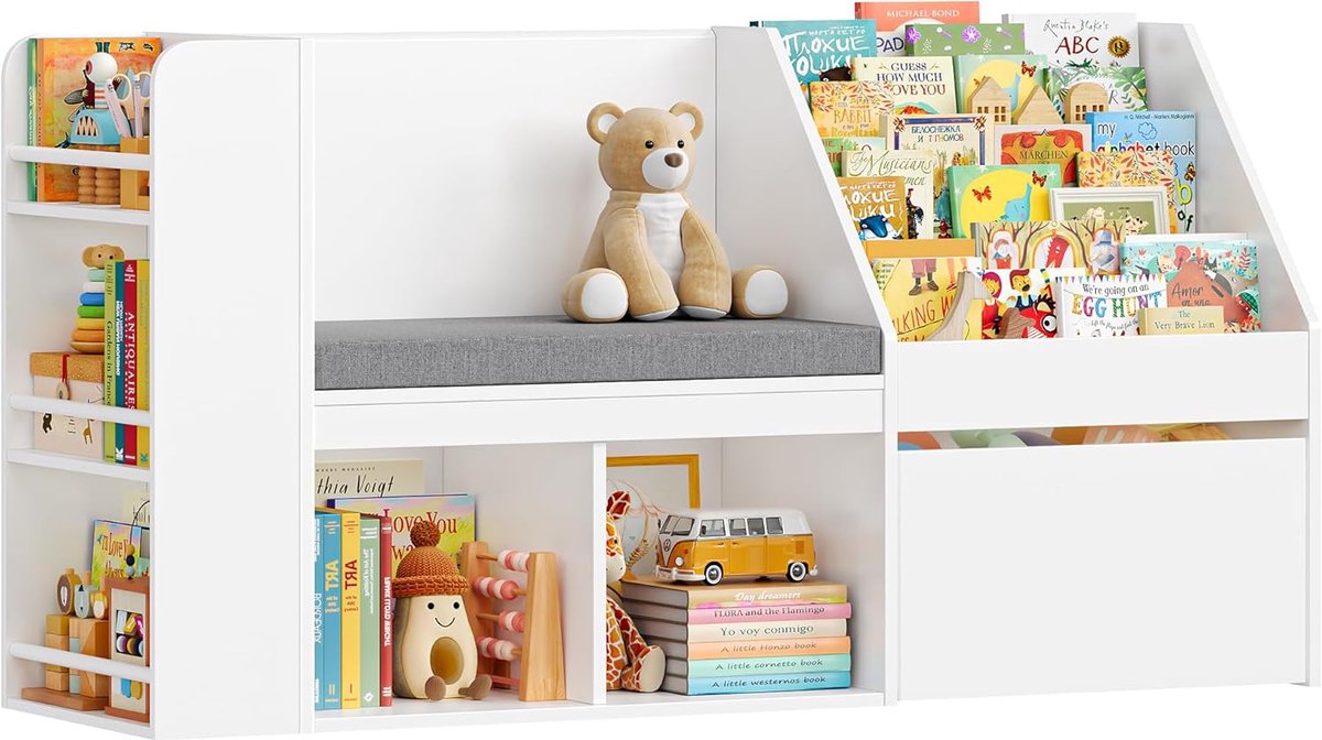 Kinderrek, boekenkast kinderen met dozen op wielen, speelgoedrek kinderrek opslag met zitbank, rek kinderkamer wit, 68 × 34 × 125 cm