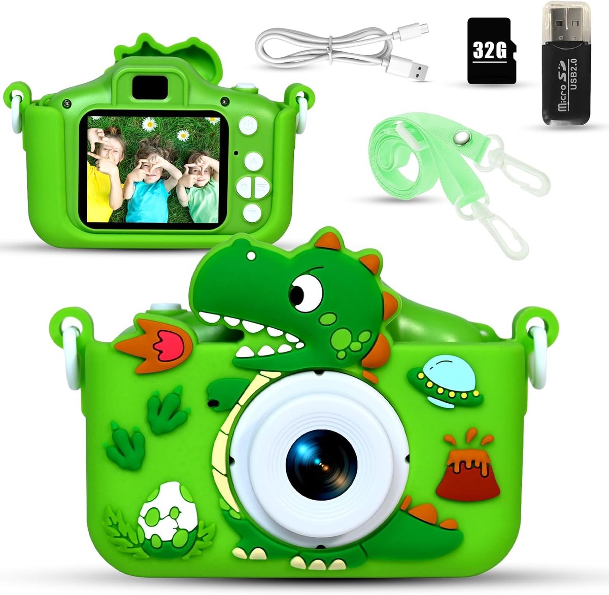 Digitale camera kinderen 1080P 2,0"-scherm kindercamera met 32GB kaart, selfie digitale camera fotocamera speelgoed voor Kerstmis & verjaardag jongens & meisjes 3-12 jaar, groen