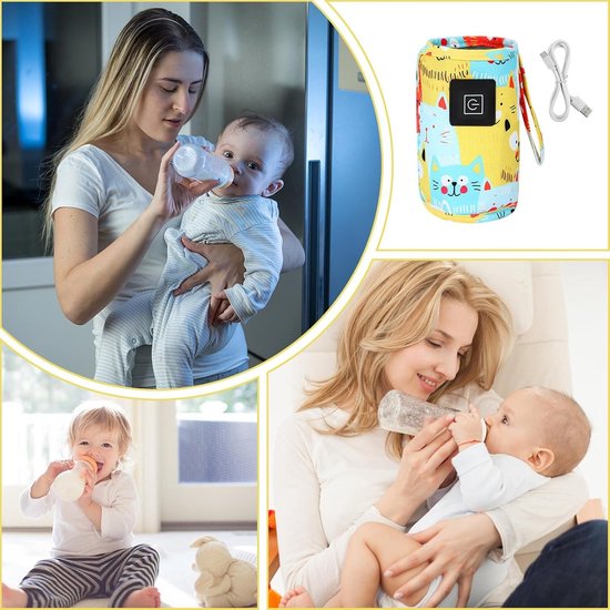 USB babyfles verwarmhoes met kattenprint meerkleurig, drie warmtestanden inclusief 100 cm Type-C kabel, draagbare constante temperatuur fleswarmer voor auto, kinderwagen en reis — afbeelding 3
