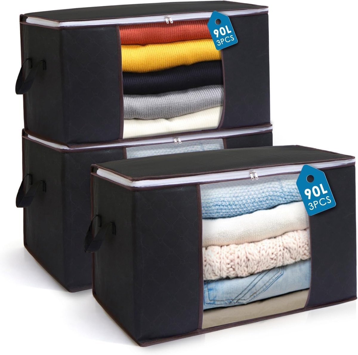 3 stuks grote opbergtassen, 90 l, opvouwbare kledingopbergdoos, stof, kledingorganizer, met handgreep, kledingopslag voor dekbedden, kleding (zwart)