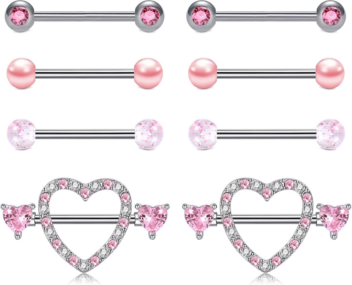 Nippelpiercing hart CZ, 14G roestvrij staal tepelsieraad voor vrouwen, 16 mm barbell tongpiercing (zilver/goud), 4 paar