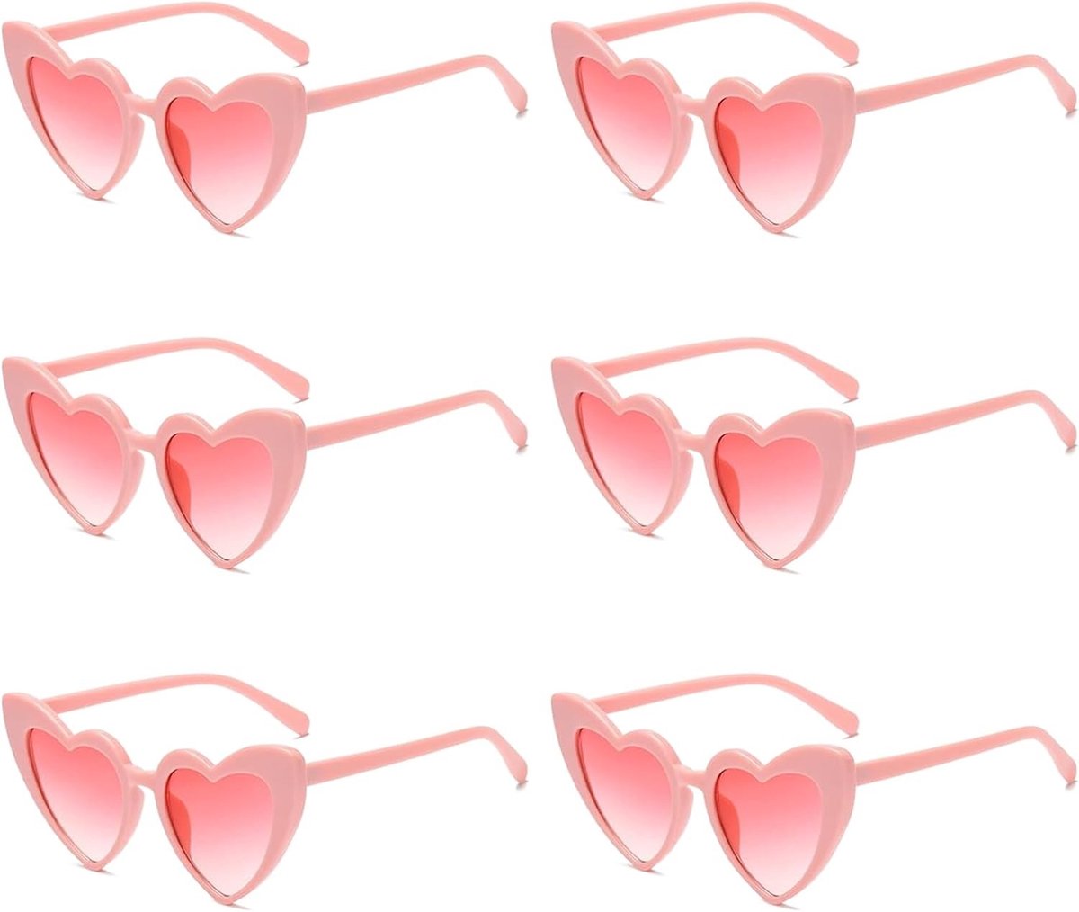 Set van 6 Hartvormige Zonnebrillen, Retro Roze Cat Eye Zonnebrillen, Vintage Hartvormige Zonnebrillen voor Feesten, Bruiloften en Carnaval