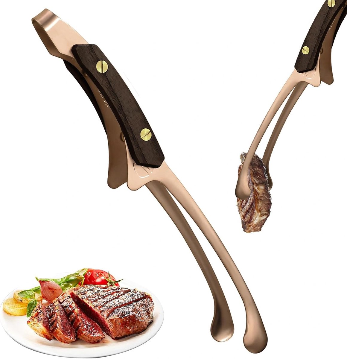 Kookpincet, 25,5 cm, multifunctionele grillpincet, roestvrij staal, roségoud, keukenpincet met dubbele voet, vleespincet, roestvrij staal met houten handvat, voor keuken, grillrestaurant en