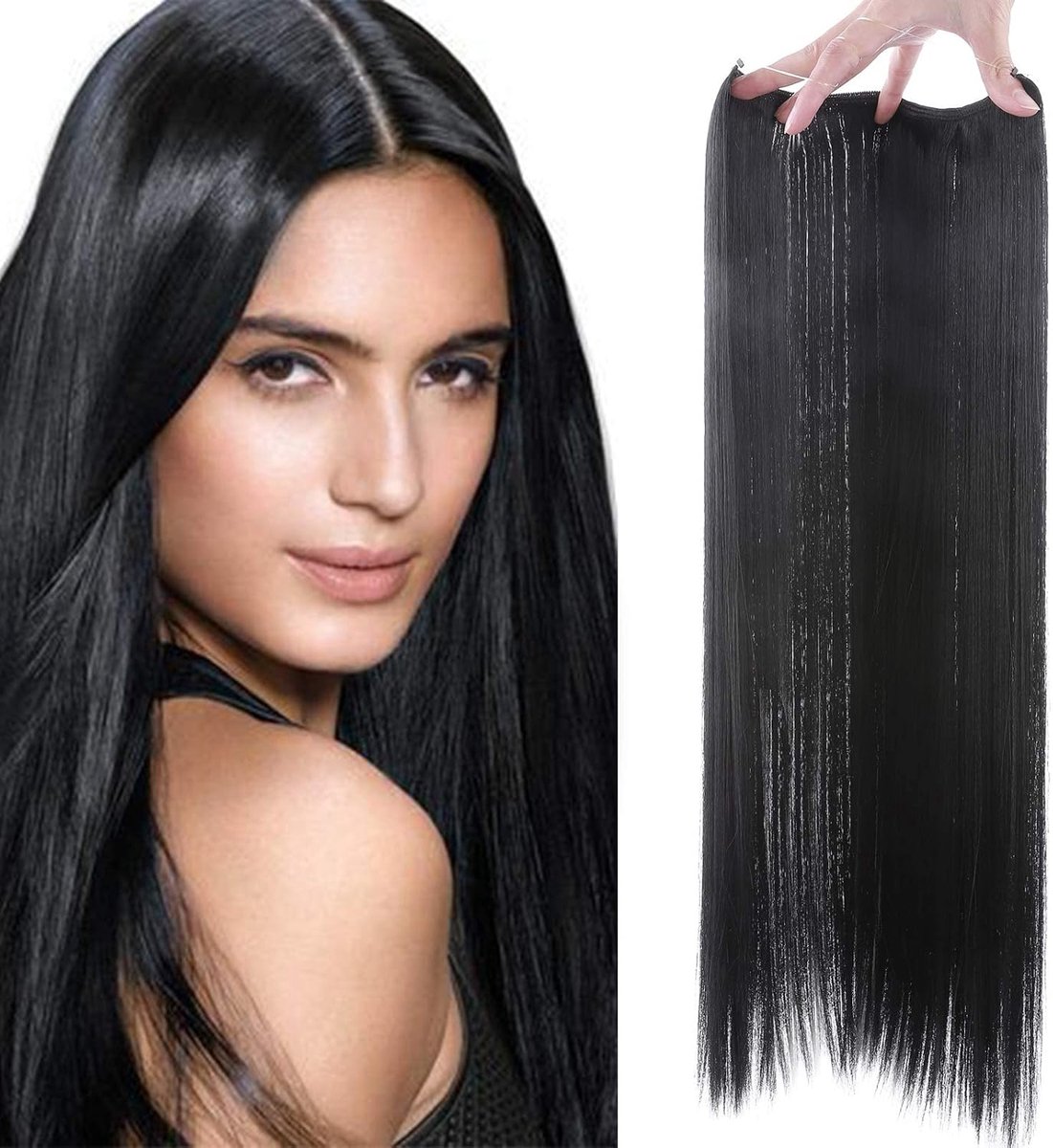 Haarverlenging met onzichtbare draad, lang glad haar, zwart, 40 cm, transparante draad, haarverlenging, geen clip, synthetisch haar, 90 g, donkerzwart