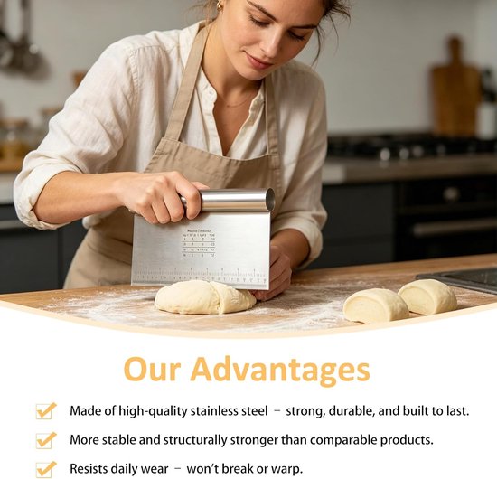 2 x deegsnijders van roestvrij staal, groot, met maatbeker, multifunctionele spatel, flexibele keukenspatel voor deeg, cake, pizza, bakken, snijden en nivelleren, 22 x 12 cm — afbeelding 4