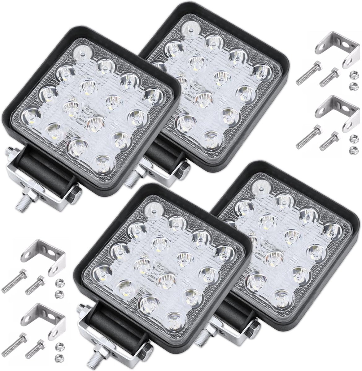 SnelShoppen - Led-werklampen 48W 4 stuks, 16 Leds, 6500K, 10,5 cm, Aluminium, Duurzaam, Voor Tractor, Camping, Bouw, Tuin