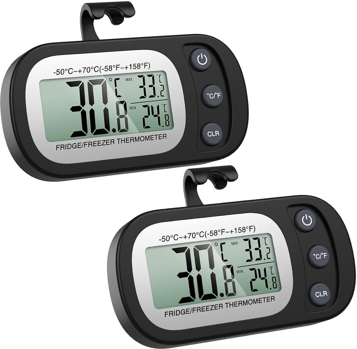 Digitale koelkastthermometer, 2 stuks vrieskast-rerigerator, thermometer, magnetisch, met haken, max/min-functie, zwart