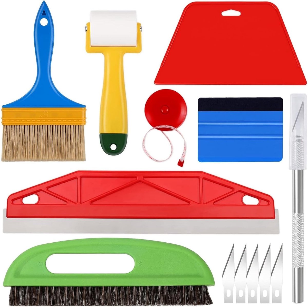 Behanggereedschap, behang-gladmakende gereedschapsset, professioneel behang, handgereedschapsset met rakelgladder, naadroller, behangborstel voor lijmcontact, papier, raamfolie,