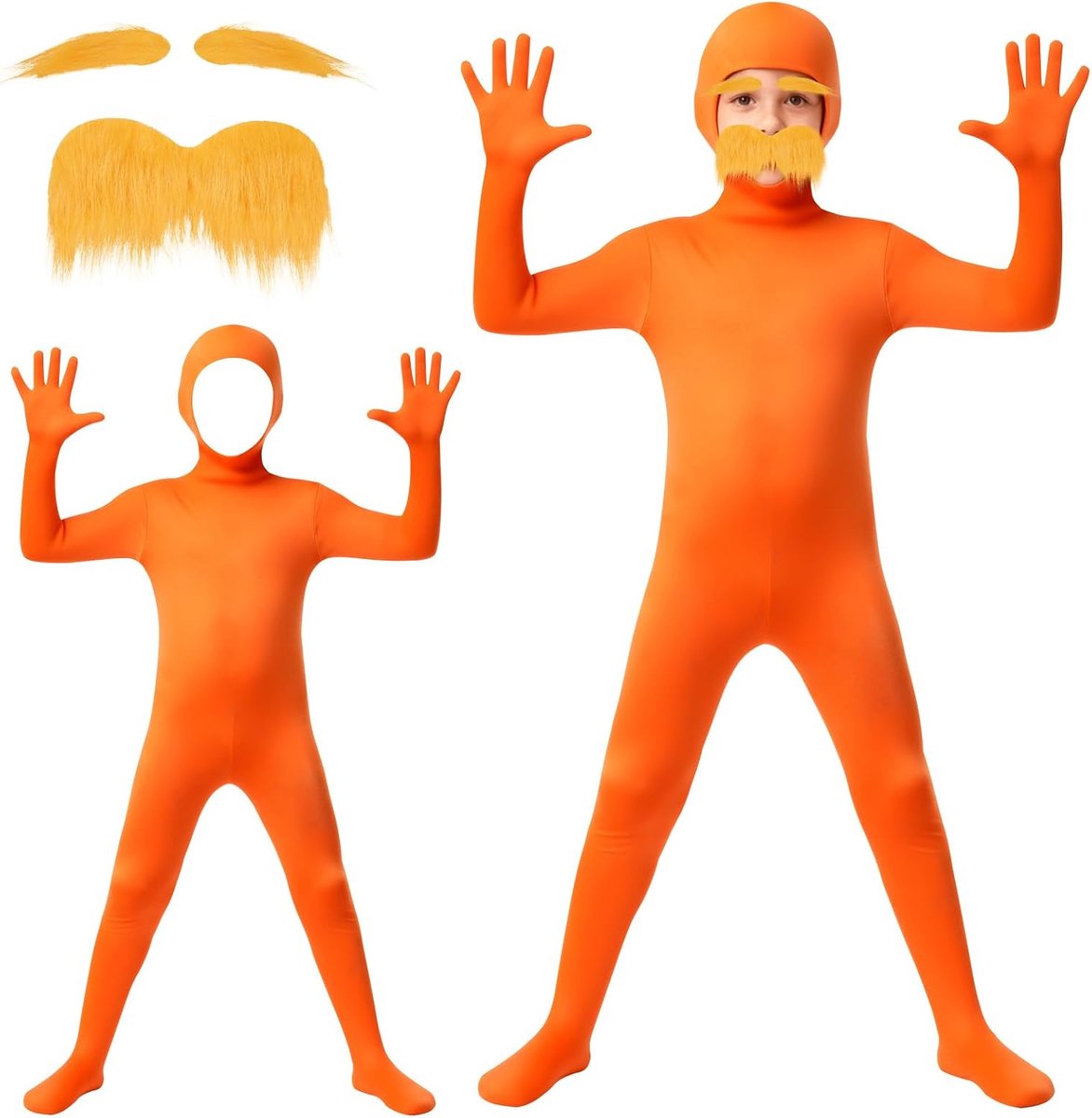 jumpsuit voor kinderen, kostuum voor jongens, open gezicht, heimelijkheidspak, onzichtbaarheidsmantel, gele snor en wenkbrauwen, eendelig bodysuit verdwijnende outfit voor verkleedfeest