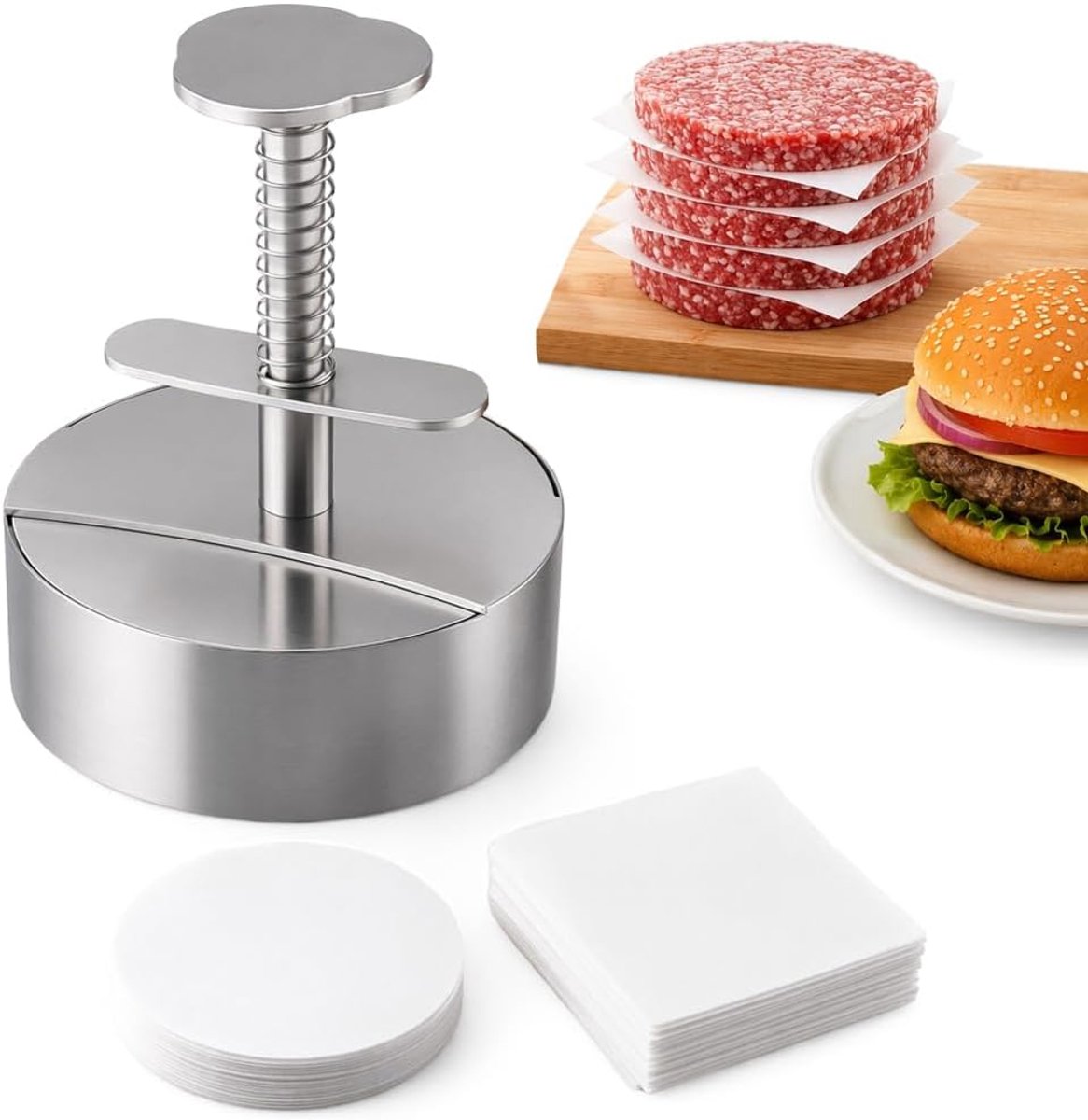 Hamburgerpers van roestvrij staal, 304 roestvrij staal, voor het maken van vlees en groenten, verstelbare hamburgermaker met 150 hamburgerpapier, robuust, 14 cm, XXL hamburgerpers