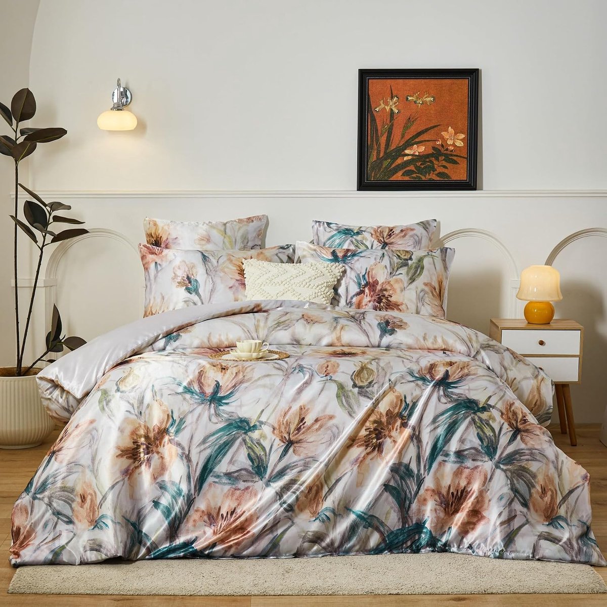 beddengoed, 135 x 200 cm, 4-delig, bloemenmotieven, satijn beddengoed, glanzend, glad, deluxe dekbedovertrekset, zacht, knuffelzacht, zijdeachtig, zijden beddengoed met ritssluiting