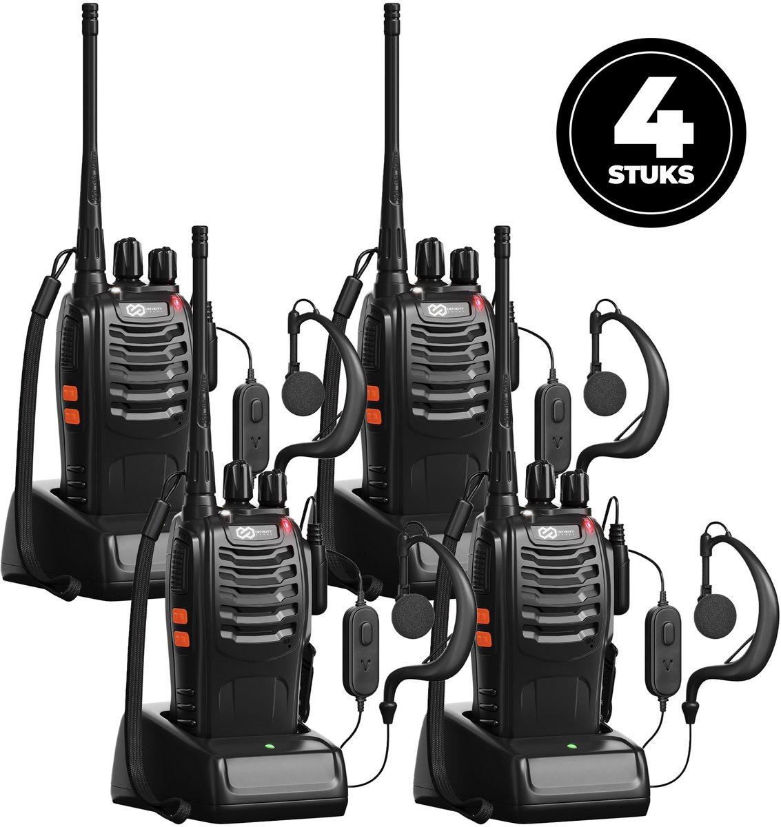 Infinity Goods Professionele Portofoon 4 Stuks - Walkie Talkie - 5km Bereik - LED Zaklamp - PMR 446 Mhz - Zwart