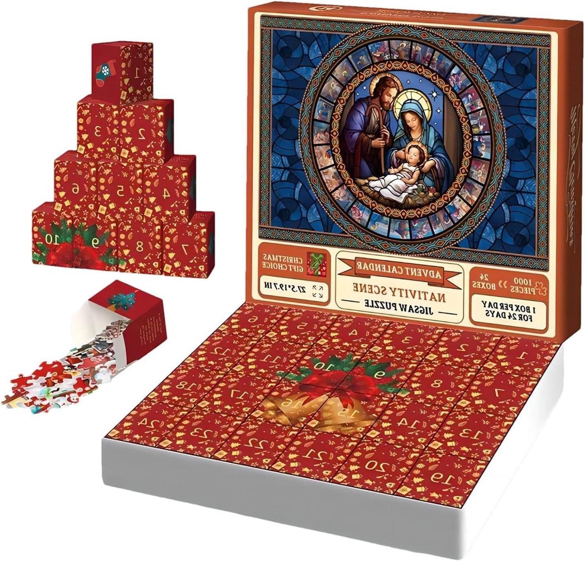 Adventskalender Kerststal Puzzel - Kerstpuzzel Kalender - Kerstmis Aftellen - 1000 Stukjes - 28 x 22 x 6 cm - Rood