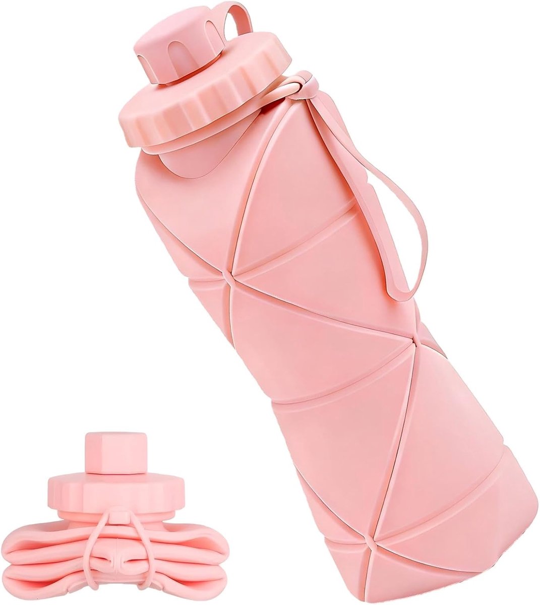 KZQ Opvouwbare waterfles 600 ml BPA-vrij siliconen - Lichtgewicht en lekvrij met draagkoord - Perfect voor outdoor reizen fietsen gym en kamperen - Roze