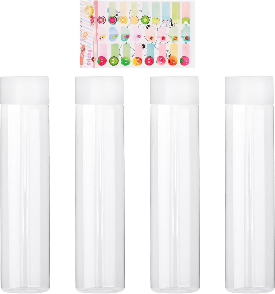 SnelShoppen - 4 Transparante Flesjes met Witte Doppen - 400ml Herbruikbare Drankflessen met Fruitstickers - Voor Sap, Melk, Camping, Keuken