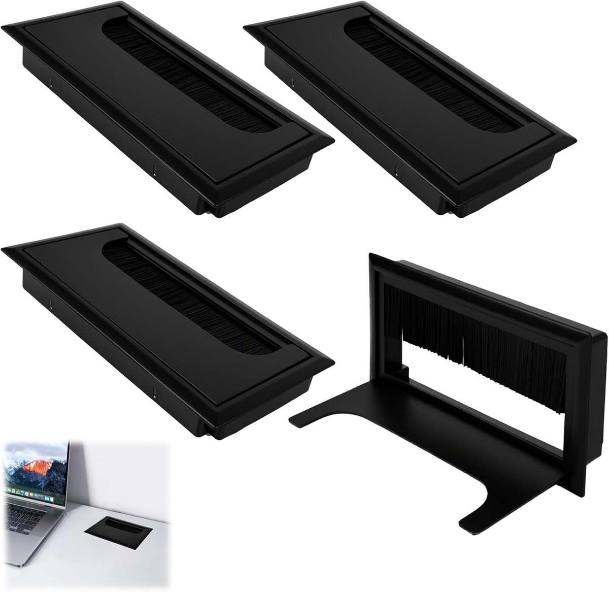 Kabeldoorvoer rechthoekig met borstelafdichting voor bureau, 80 x 160 mm, ideaal voor kabelbeheer en inklapbaar deksel, openingsmaat 53 x 133 mm, 4 stuks