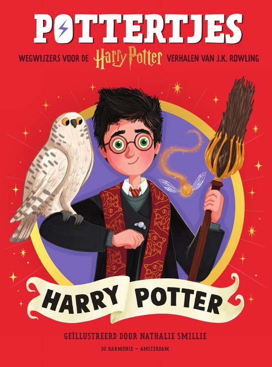 Harry Potter met bril, schoudertas, bezem en sneeuwuil. Titel: 'Pottertjes - Wegwijzers voor de Harry Potter verhalen van J.K. Rowling'.