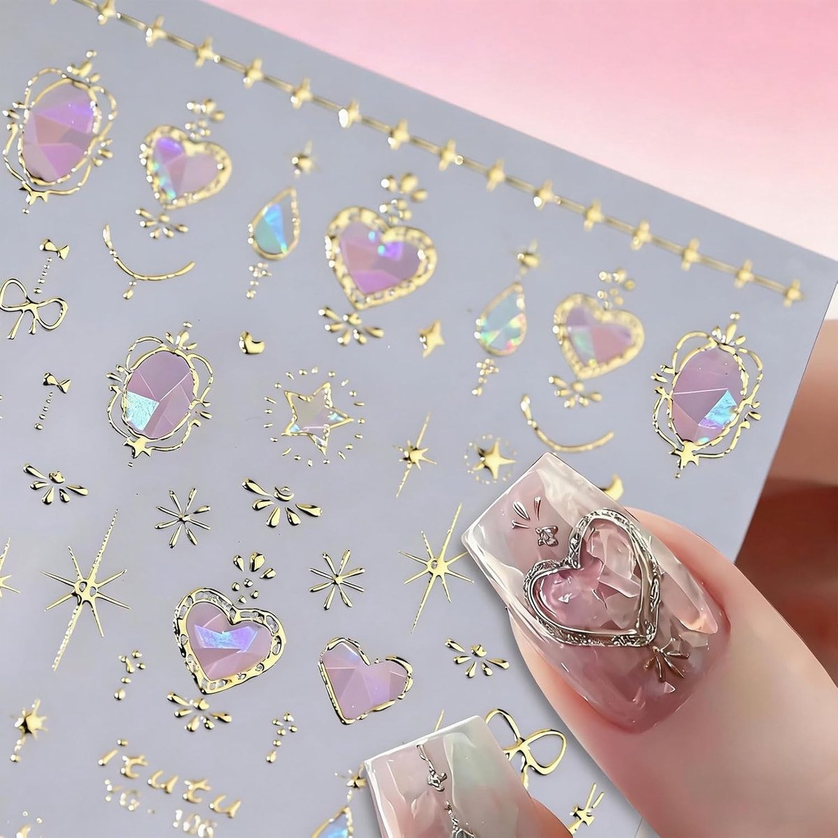 SnelShoppen - Pinkes Herz Nagelsticker - 5D Geprägte Nail Art Stickers met Gouden Maan & Ster - Aurora Nagel Stickers voor Vrouwen & Meisjes - Perfect