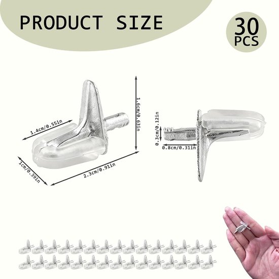 Set van 30 Plastic Plankensteunen met Stalen Pen, 3mm Glasplanksteunen voor Kasten en Boekenkasten, Onzichtbare L-vormige Plankhouders voor Meubels — afbeelding 5