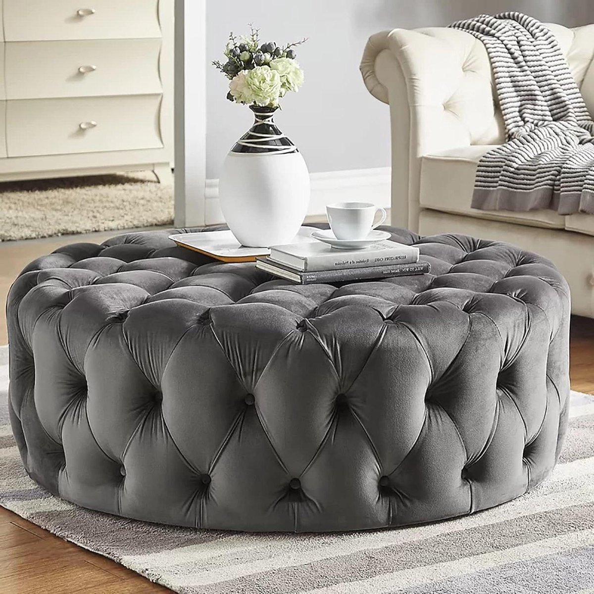 Ottomaanse Poef - Voetenbankje Opbergruimte - Woonkamer Organiseren - Afneembare Hoes - 40x35cm - Off-White