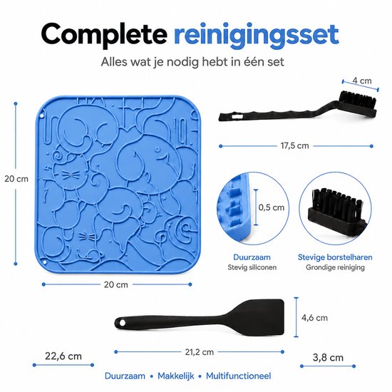 Blauwe likmat van 20x20 cm met kattenpatroon, met een borstel van 17,5 cm en een spatel van 21,2 cm.