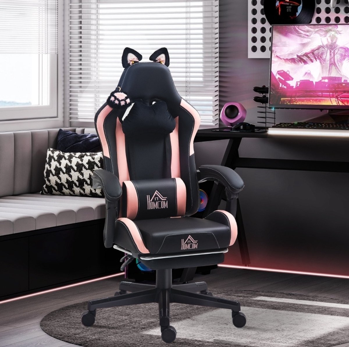 COVREO Gamingstoel 65 x 62 x 124 cm, zwart roze, kunstleer, met voetsteun