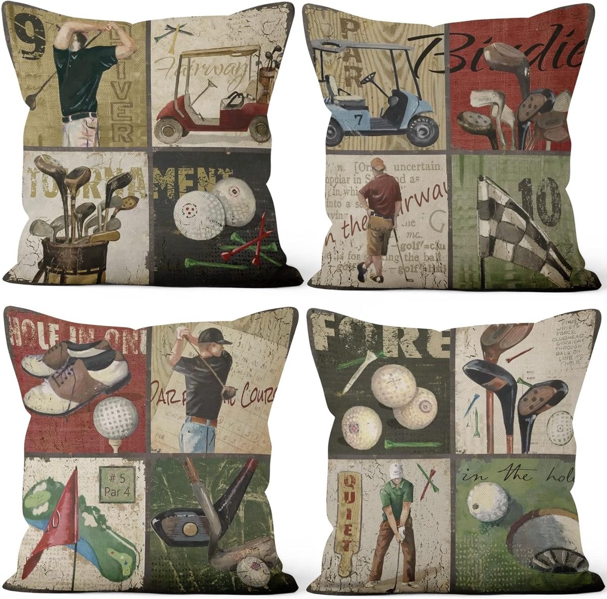 Retro Golf Kussenhoezen 46x46cm - Vierkante Linnen Decoratieve Kussens voor Woonkamer, Tuin en Buitengebruik