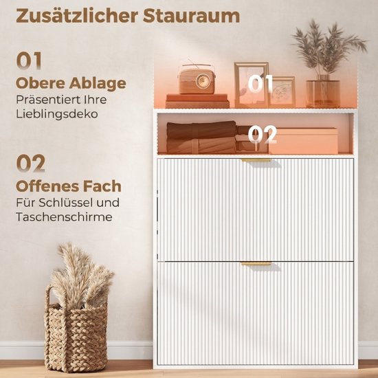 COVREO Schoenenkast 80x24x102,5 cm wit, van hout met 2 klapvakken — afbeelding 2