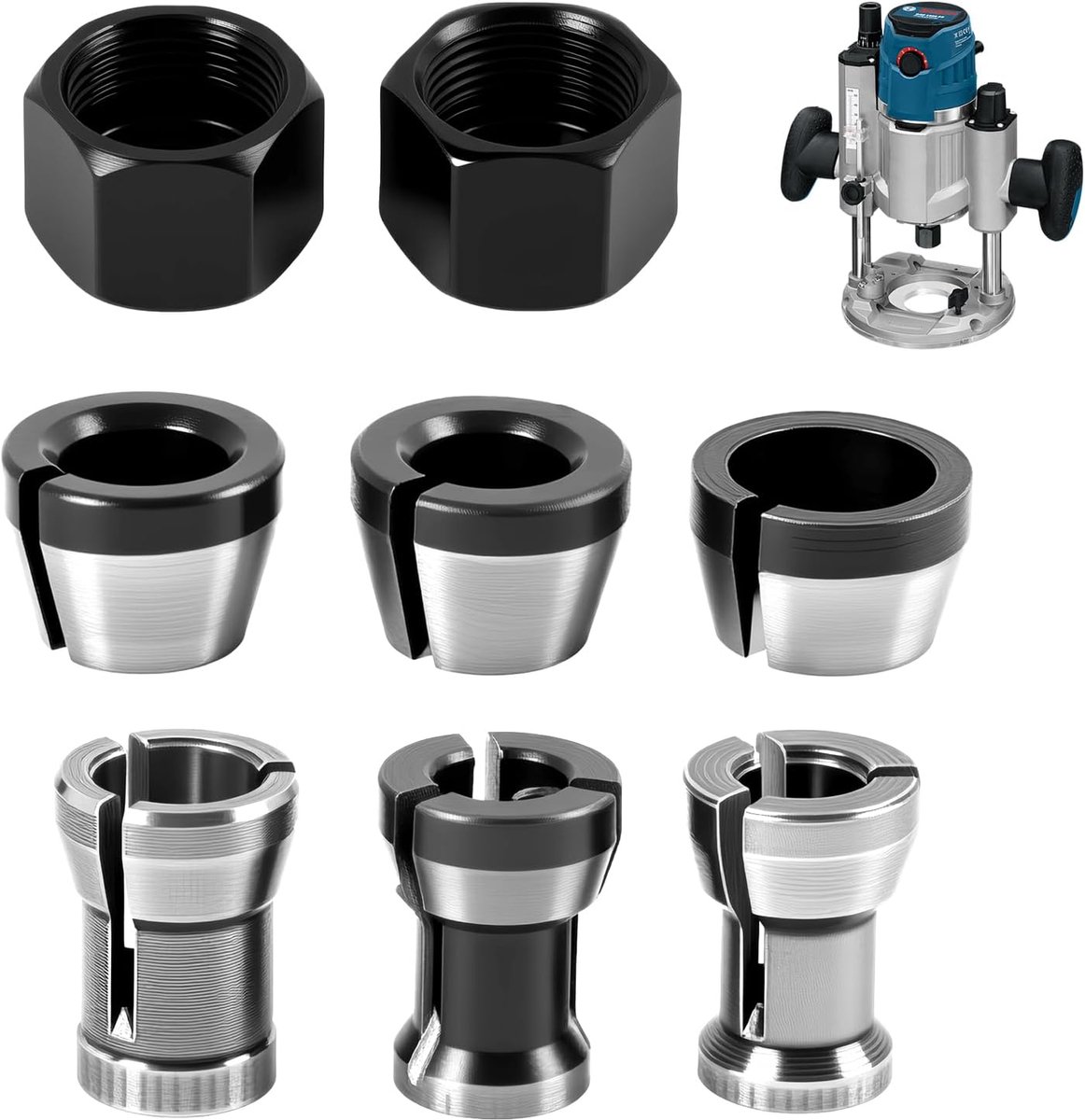 SnelShoppen - 8 Stuks Klemklemmen voor Bovenfrees, Adapter voor Freesmachine, 6 mm, 6,35 mm en 8 mm, Met 2 Moeren voor Graveer- en Houtbewerkingsgeree