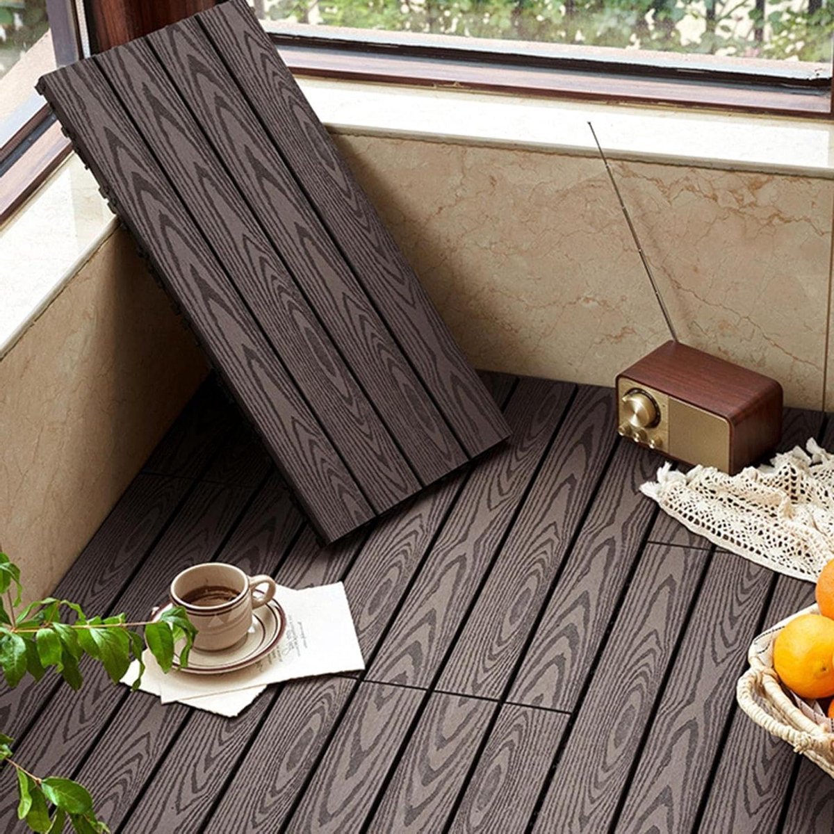 Composiet Terrastegels - Houten Vloertegels - Tuin en Terras - In elkaar grijpend Drainageontwerp - 30x30 cm - Donkerbruin