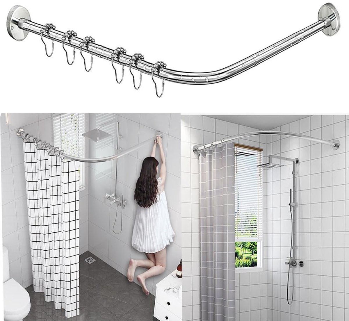 SnelShoppen - Rekbare Douchegordijnstang L-vorm, Roestvrij Staal, Geen Boren, Badkamer, Badkuip, Hoekdouchegordijn, 75-95 cm x 75-95 cm