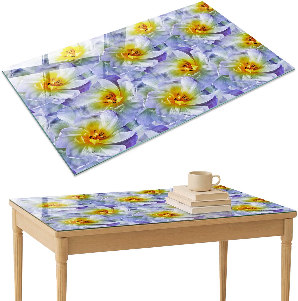 ArtPrintCave Bloemenpatroon Glazen Tafelblad 120x80 cm - Tafelblad Rechthoek - Paars Eettafel Met Glasplaat - Bloemen en planten Tafelblad Glas