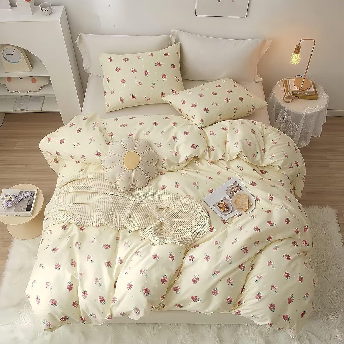 Schattige Gele Aardbei Kinderbeddeken Set voor Meisjes, 3-delig, Zacht en Comfortabel, 135x200cm, Ideaal voor Kinderkamers en Slaapkamers