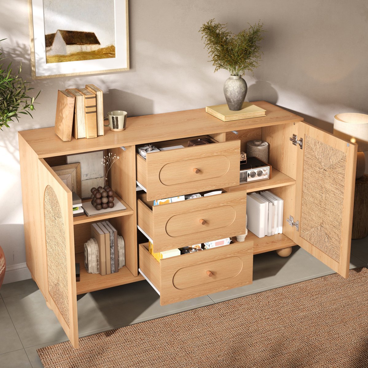 MIVRAY Dressoir - Met 2 Deuren En 3 Lades Voor Geordende Opbergruimte - Voor Hal Woonkamer En Eetkamer - Hout - 140x40x80 Cm - Naturel