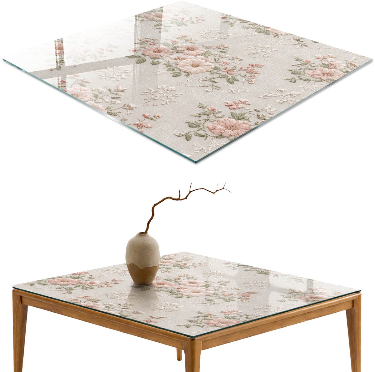 ArtPrintCave Bloemenpatroon Glazen Tafelblad - 50x50 cm - Tafelblad Vierkanten - Beige Tafelblad Glas - Bloemen en planten Terrastafel
