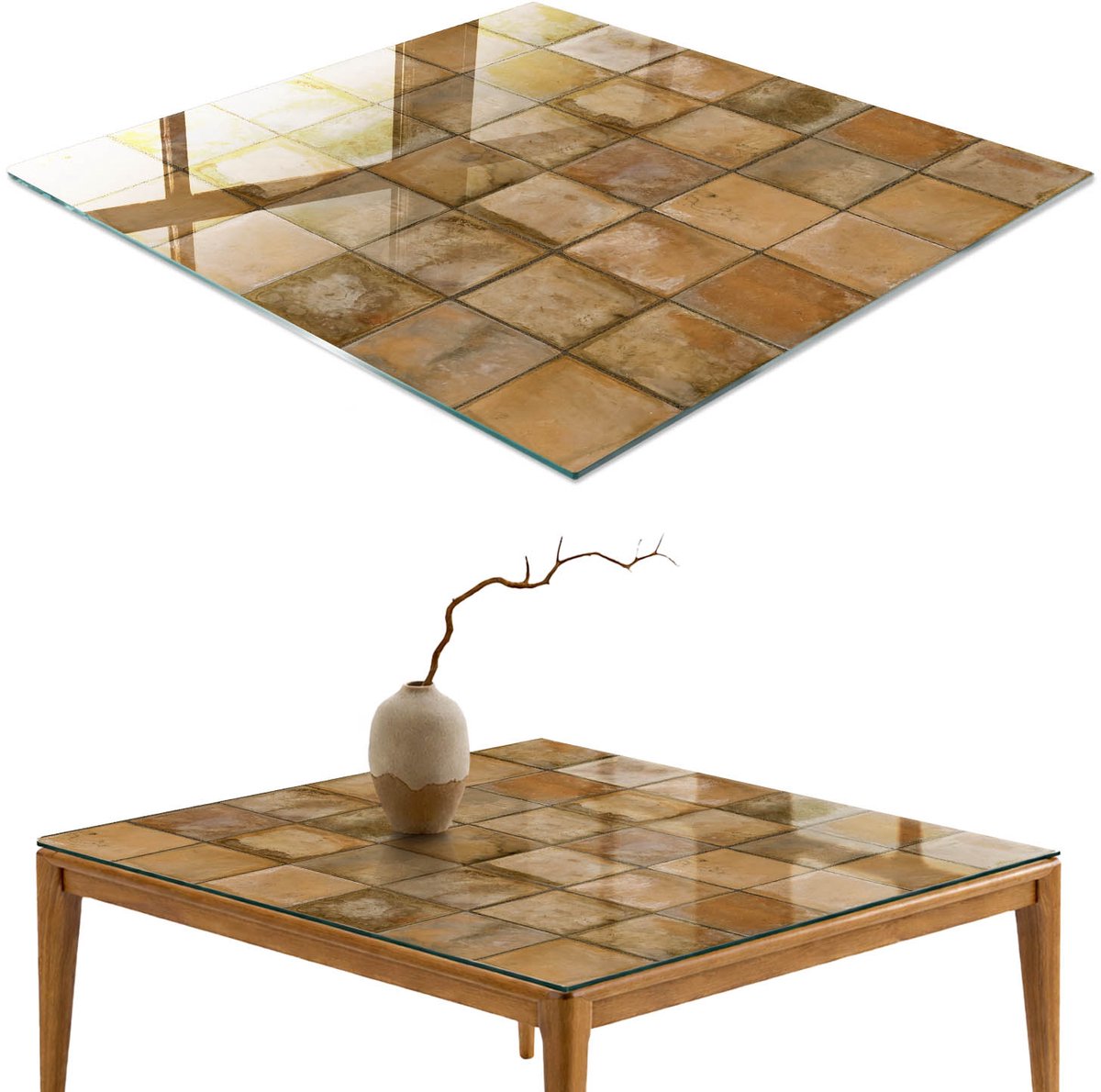 ArtPrintCave Rustieke tegels Glazen Tafelblad 60x60 cm - Tafelblad Rechthoek - Bruin Eettafel Met Glasplaat - Texturen Keukentafel