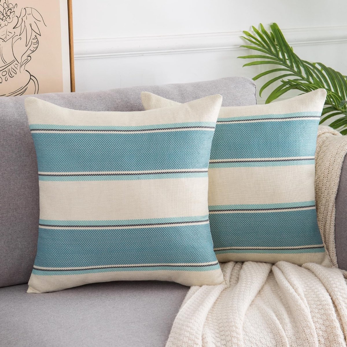 Set van 2 Kussenslopen 40 x 40 cm, Decoratieve Linnen Kussens met Strepen voor Bank, Stoel, Slaapkamer en Auto